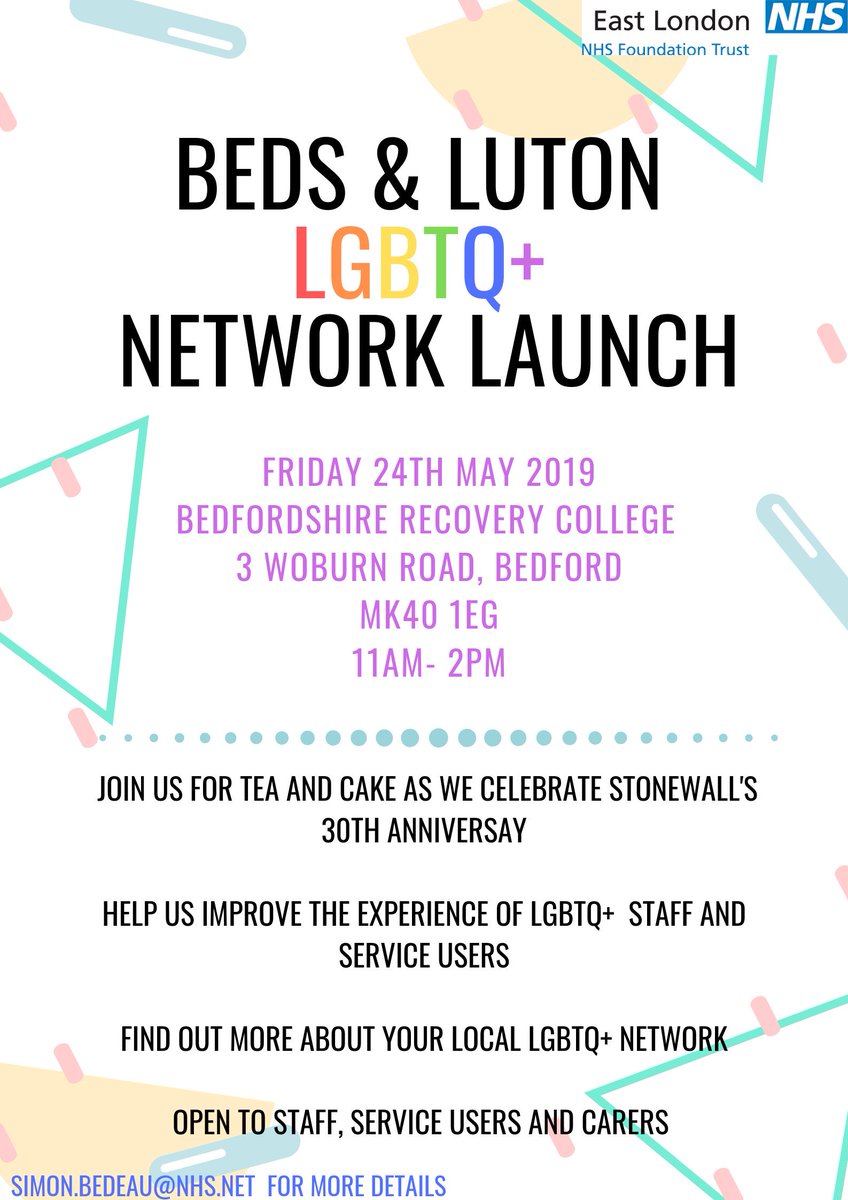 Join us for the Beds &amp; Luton Network Launch @ Bedfordshire Recovery College on 24.05.19 .. Drop by anytime between 11am -2pm ..There'll also be cake as we celebrate <a href="/stonewalluk/">Stonewall</a> 30th bday 🎉🌈🏳️‍🌈 
@ELFT_LGBTQ <a href="/NHS_ELFT/">East London NHS Foundation Trust (ELFT)</a> @kamila_naseova <a href="/r_s_cooper/">Ruth Cooper 💙</a> <a href="/DrGilluley/">Dr Paul Gilluley🌈</a> <a href="/RachaelLevett/">Rachael Levett</a>