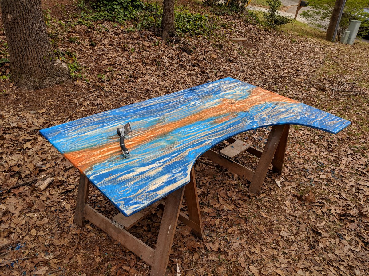 Beets_Creations's tweet photo. Building a desk (part 3)

I then used a scraper to scrape the raised wood portions that were left behind after using the wire wheel to reveal the wood grain. After that I applied a few coats of light stain.

#desk #wood #woodworking #carpentry #paining #woodgrain #desk #building https://t.co/wjyG7TsANj
