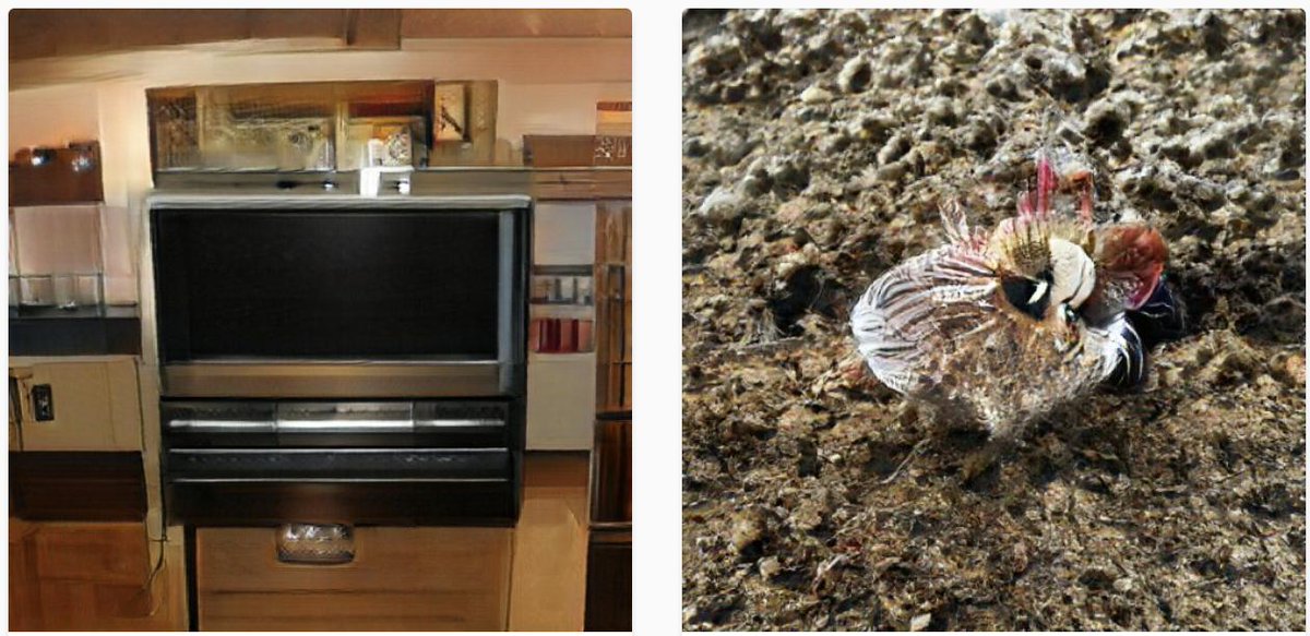 Left: an AI-generated microwave. Right: A small stripey pebble with big cartoon eyes and very long pink lashes.