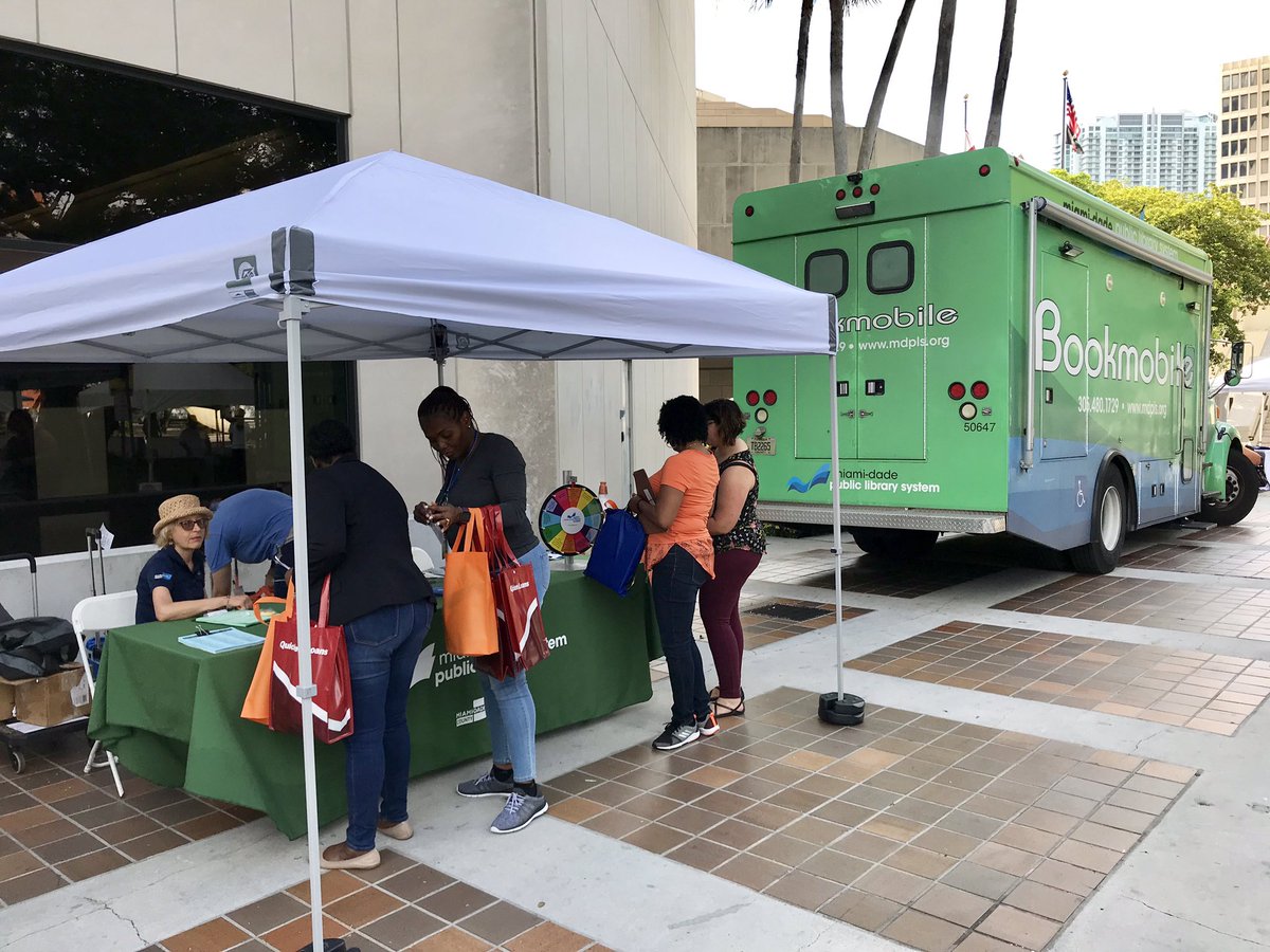 MDPLS's tweet image. We’re at the #SpringIntoWellness Fair with the #MDPLS Bookmobile! Stop by, say hi, sign up for a library card and learn about library services. We’ll be at the Stephen P. Clark Center in downtown Miami until 2 p.m.