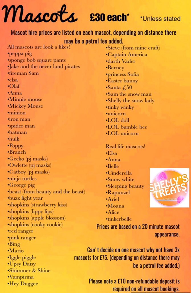 ShellysTreats's tweet photo. A list of all out mascots 🎉 https://t.co/76aJlxRqYQ