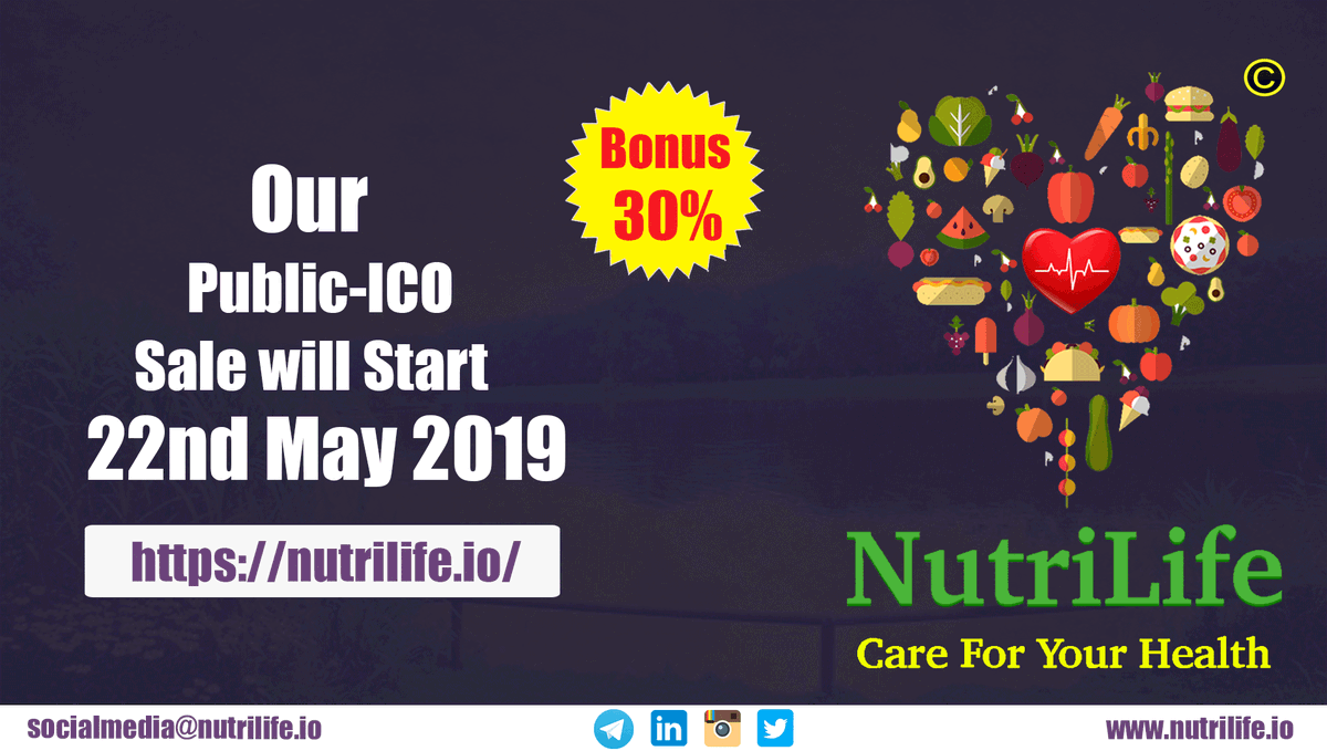 Our Public-ICO sale will start from 22nd may 2019 with 30% bonus.
#nutrilife #nutrilife_io #cryptocurrency #bitcoin #ethereum #blockchain #earnmoney #earnmoneyfromhome #earnmoneyonline #bitcointrading #bitcoinnews #bitcoinprice #altcoin #bitcoinvalue #bitcoinexchange #ICOReviewer