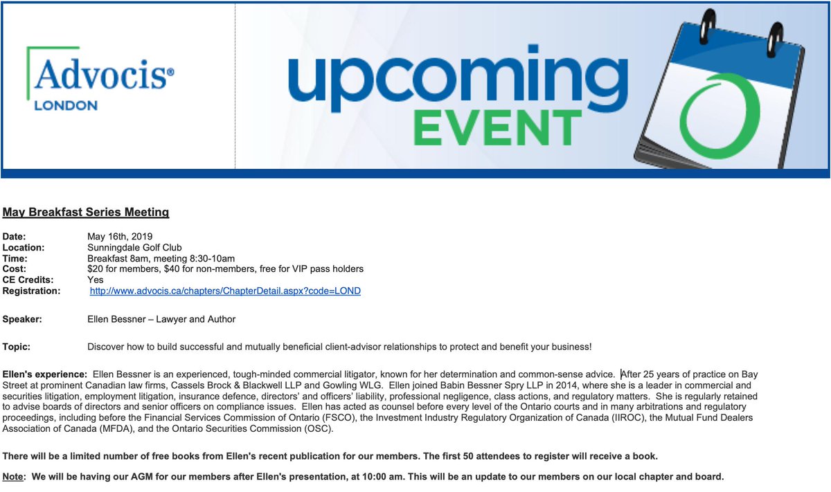 If you haven't registered yet for next Thursday's chapter Breakfast meeting, the link to do so is located below.  Also, next Thursday will be our Chapter's AGM; if you would like to nominate a chapter member to the Board of Directors, please message me.  <a href="/Advocis/">Advocis</a> <a href="/advocis_london/">Advocis - London Chapter</a>