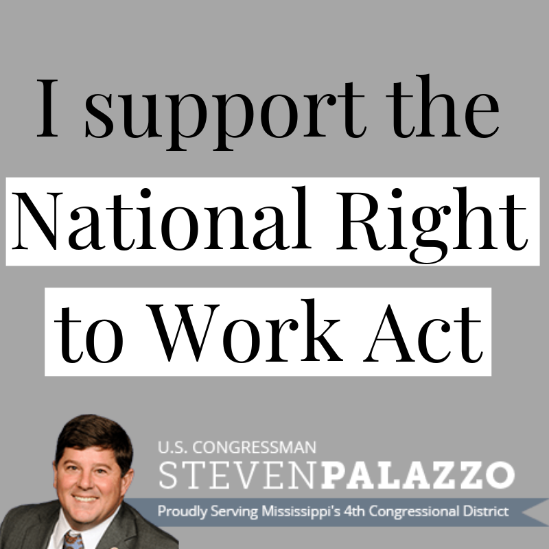CongPalazzo's tweet photo. I was happy to join @RepJoeWilson's #NationalRightToWork Act as an original co-sponsor this week. Over 80% of the American people believe that workers should have the power to decide whether or not to negotiate for themselves with their employer. https://t.co/4y3mkdmQaU