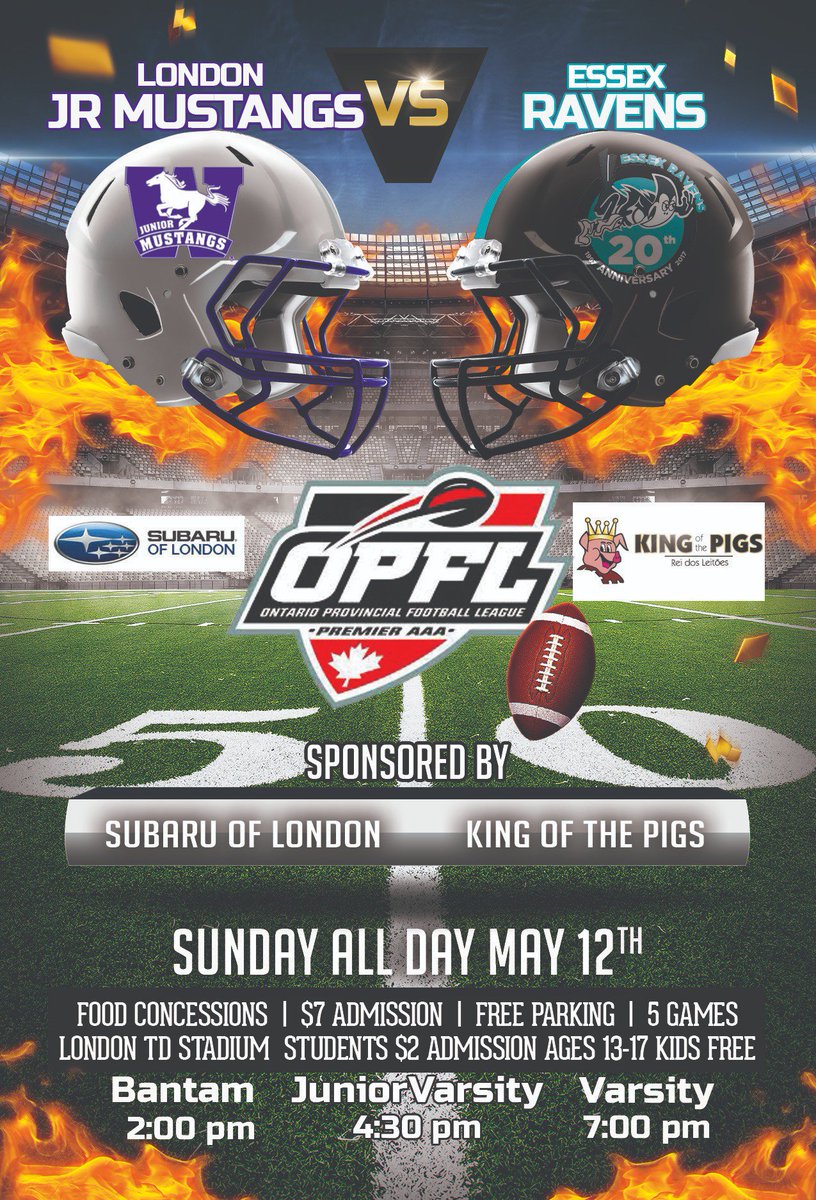 This is the best rivalry in the OPFL  London vs Essex starting with our Bantam team this Sunday, May 12 at TD Stadium. Come out and watch the best ballers in London play against Essex....Get Your Purple On..#WeAreLondon #LetsRideLondon #PonyUpLondon #LdnOnt