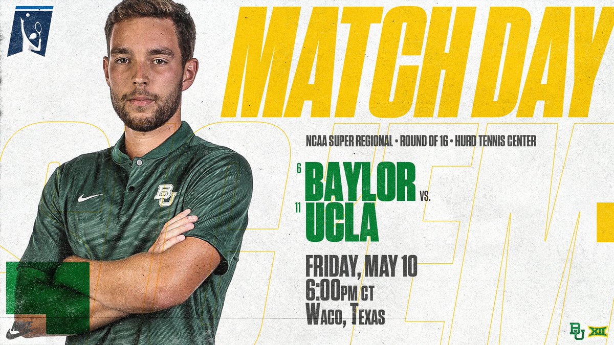 BaylorMTennis's tweet image. Tonight's the night... one more home match for a spot in Orlando!

🆚 #11 UCLA
⏰ 6 p.m.
📍 Waco, TX (Hurd Tennis Center)

🎟 FREE Admission!!
Free 👕(first 200 fans)
Free 🍕(first 150 students)
Free 🍪@tiffstreats

#SicEm 🐻 | #SicUCLA 🎾