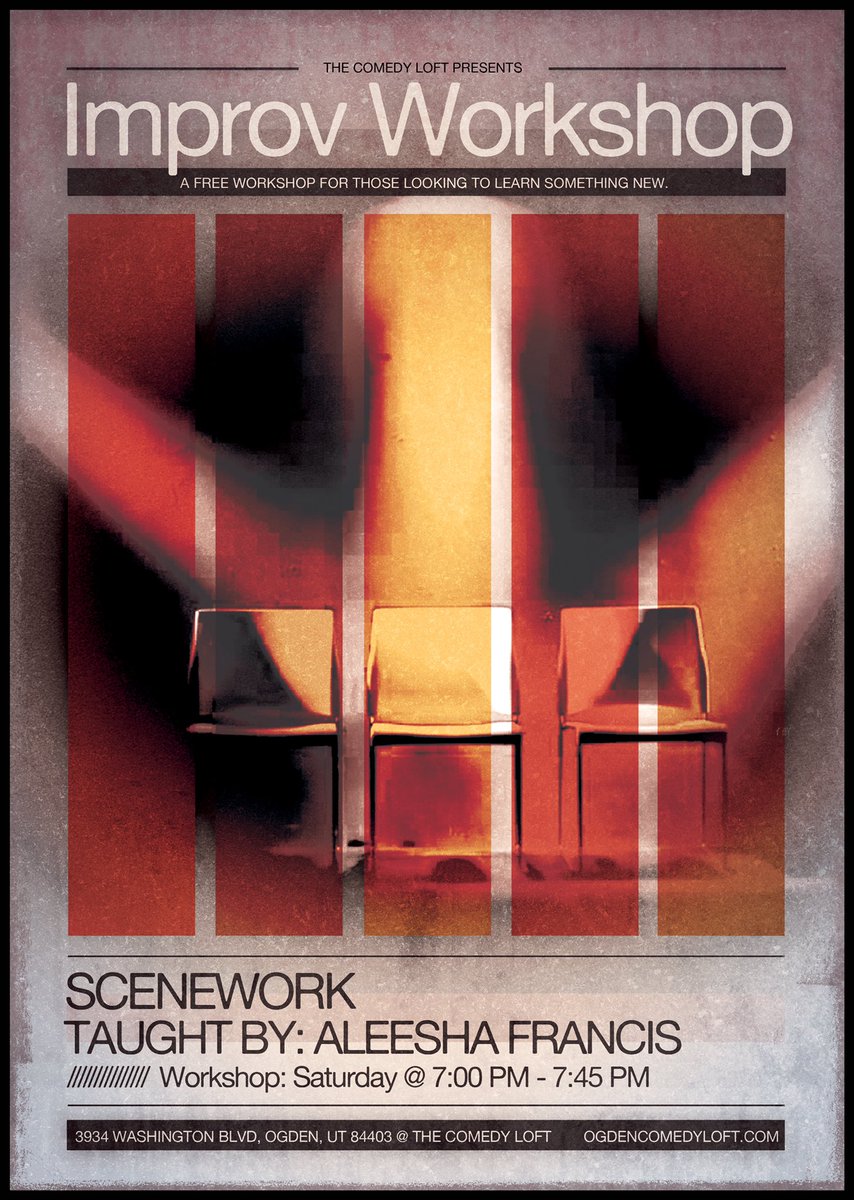 Aleesha Francis is leading this week's free improv workshop. She will focus on scenework. This will be a great class!
#OgdenComedyLoft  #ogdenimprov #improvcomedy #ogden #myogden #visitogden #indieogden #ogdenisawesome #ogdenarts #ogdencomedy #utahimprov #improv