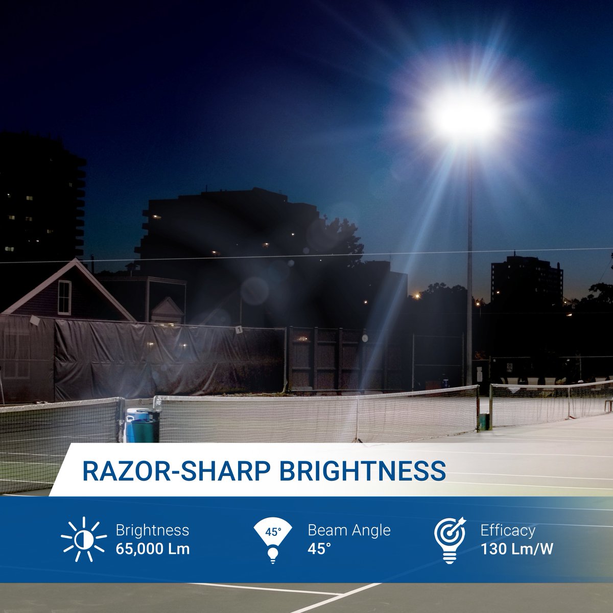 With an incredible light output of 130Lm/W this is ideal for lighting up big stadiums and sports facilities such as basketball courts, tennis courts and soccer fields, or other large areas that require a substantial amount of light.