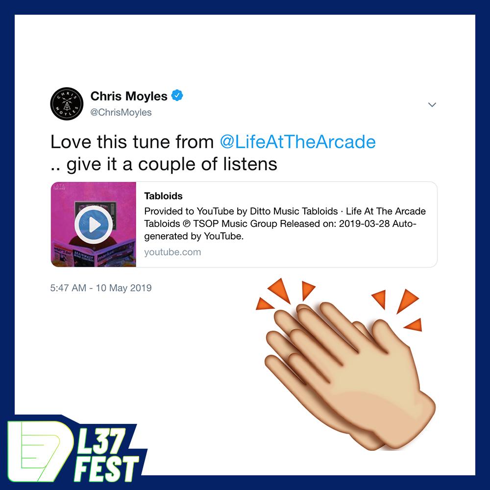 L37Fest's tweet photo. It looks like @ChrisMoyles from @RadioX approves of @LifeAtTheArcade! Don't miss them at L37 Fest 😄 https://t.co/8xay5cuoFC