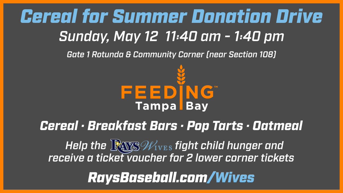 FeedingTampaBay's tweet photo. Heading to the @RaysBaseball game on Sunday? Don't forget to bring breakfast items to help the @RaysWives fight child hunger! #cerealforsummer https://t.co/Woffh4owPw