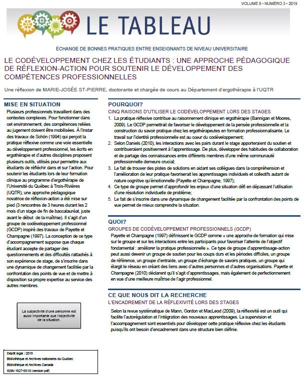 Le Tableau – Nouveau numéro
Le codéveloppement chez les étudiants : une approche pédagogique de réflexion-action pour soutenir le développement des compétences professionnelles
Une réflexion de Marie-Josée St-Pierre, Université du Québec à Trois-Rivières 
pedagogie.uquebec.ca/portail/le-tab…