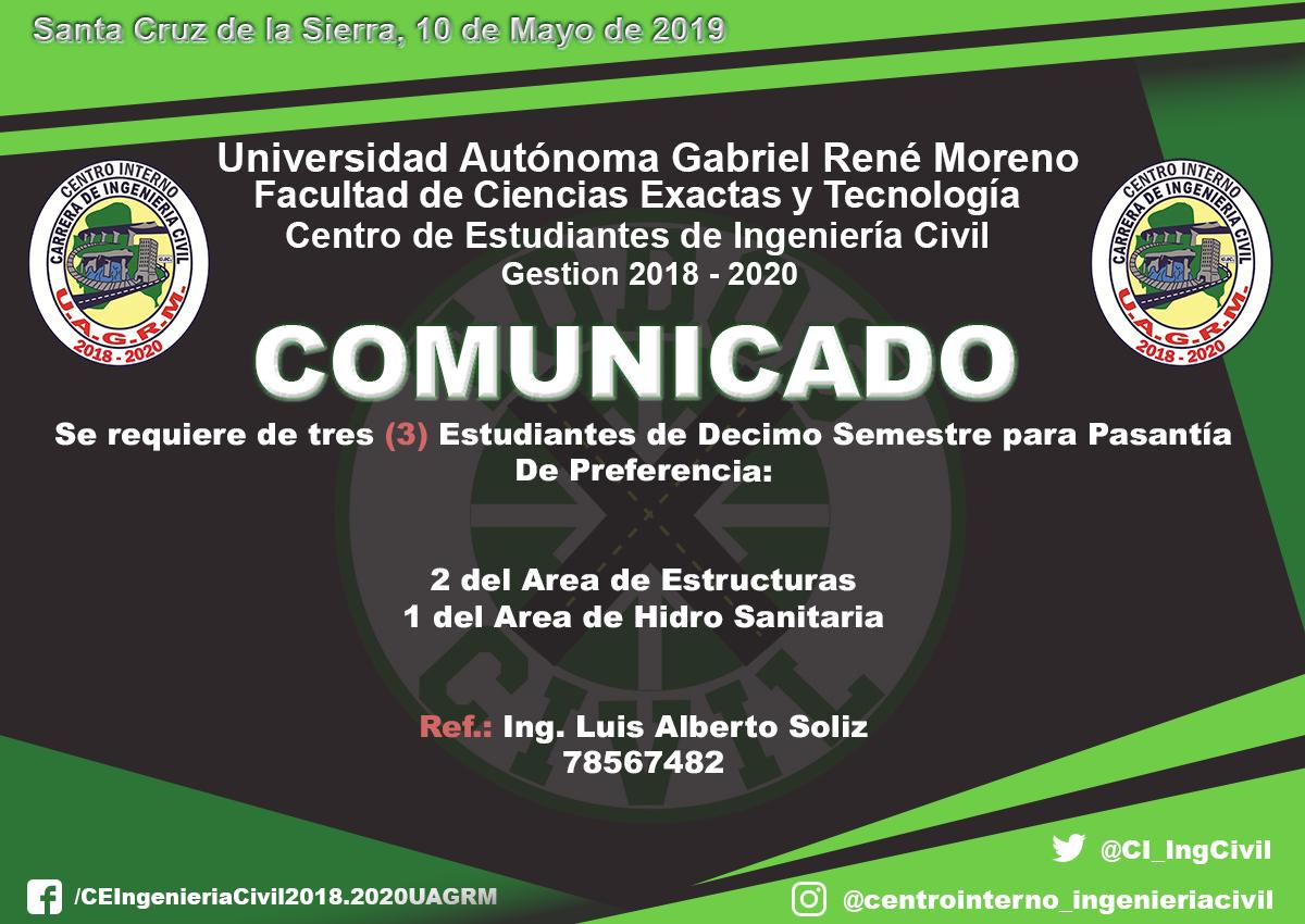 CI_IngCivil's tweet photo. 🔰PASANTIA🔰
DE PREFERENCIA:
📌ESTRUCTURAS
📌HIDRO SANITARIA 
CONTACTARSE CON:
Ing. Luis Alberto Soliz
78567482 https://t.co/T1at4VtO7k