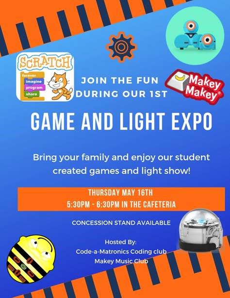 OES_Ocelots's tweet image. Come and join the fun during our 1st Game and Light Expo!!
When: Thursday, May 16th at 5:30PM in the cafeteria ๐ค๐จ๐ฅ๐ก#GameAndLightEXPO #coding108