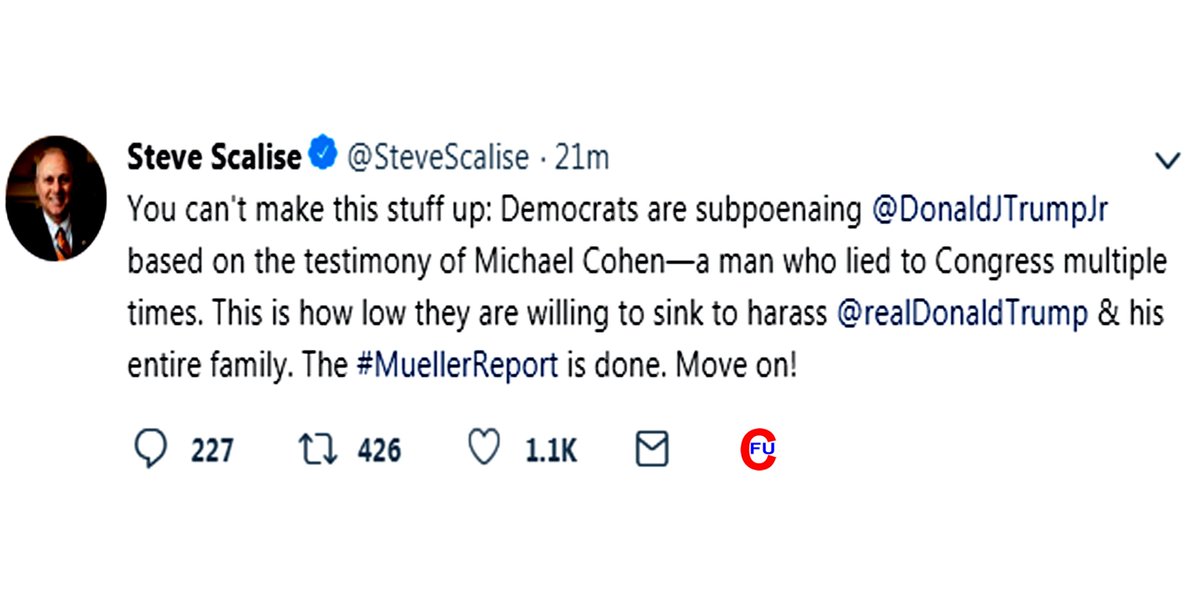 barney_rubbel's tweet photo. Chickenschitt Steve Scalise apparently deleted this tweet, which falsely blamed Democrats for the Donald Trump Jr. subpoena...
How long will we continue to give this political hack a pass just because he was shot by a #RadicalWhite https://t.co/v3fHAvAhh7