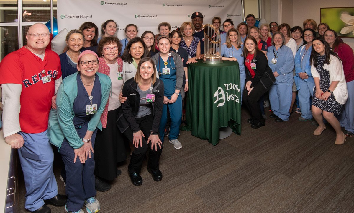 We’re so proud of our nurse champions! On Tuesday, Emerson nurses &amp; clinicians got to meet <a href="/RealSamHorn/">Sam Horn</a> and view the 2018 <a href="/redsox/">Red Sox</a> World Series trophy. Our continuous gratitude goes to our nurses who day-in and day-out provide grand slam care to our patients! #NursesWeek