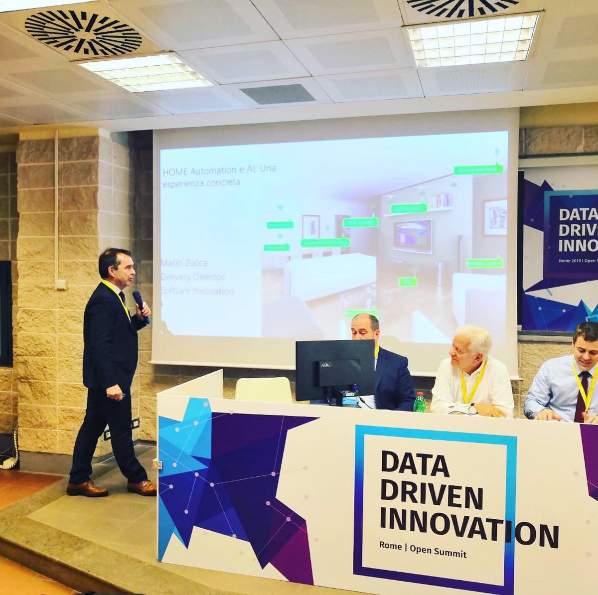 softjamIT's tweet photo. Mario Zucca di SoftJam e Marco Casini del team @sapienza.sdme mostrano le potenzialità dell’applicazione dell’#intelligenzaArtificiale in ambito domotico.
#ddi2019 #smartbuilding #solardecathlon #ReStart4Smart #whatsnextSJ #innovation #MFR19 #makerfairerome https://t.co/DptSJAWizb