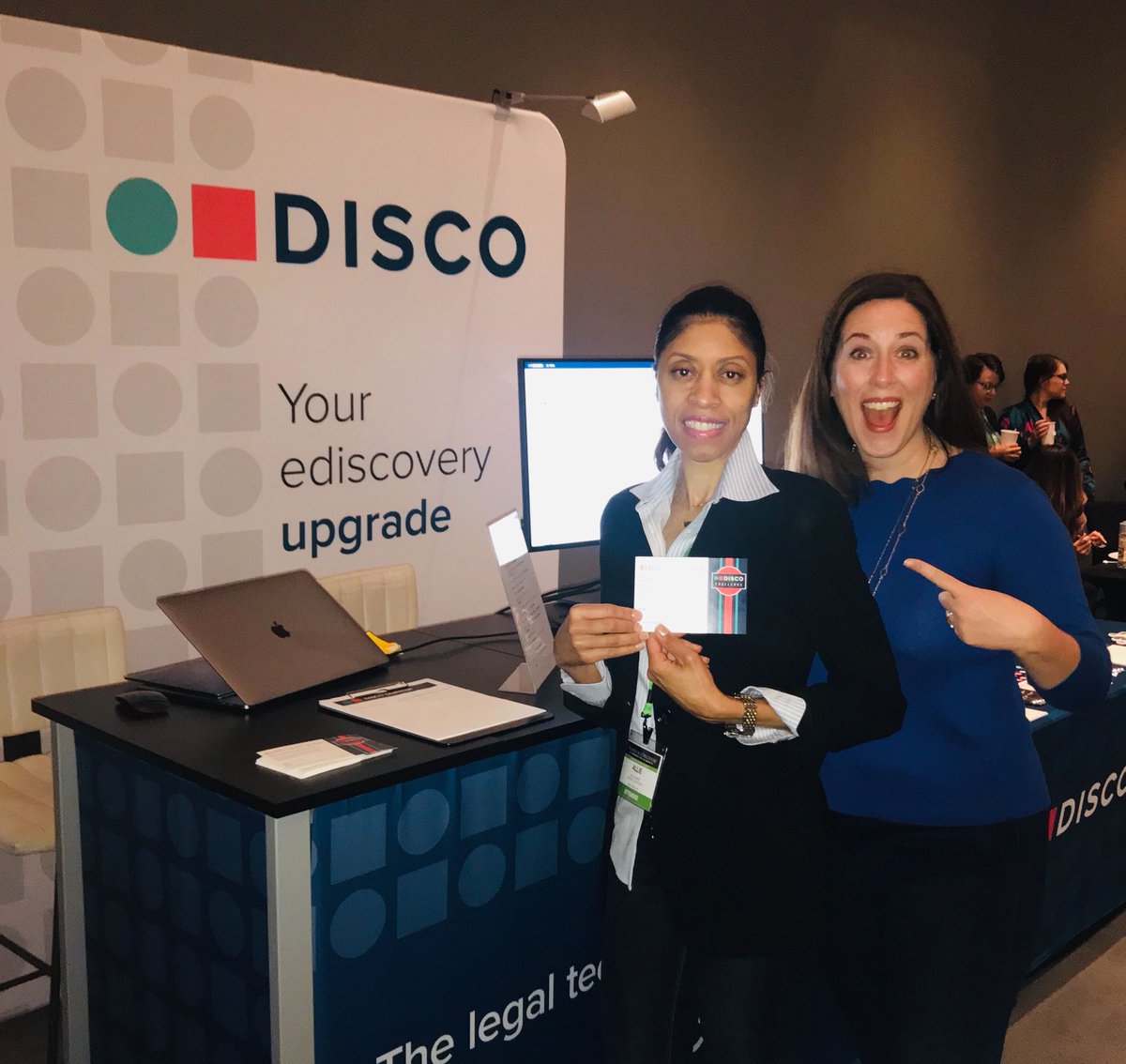 csdisco's tweet photo. First winner of the #DISCOchallenge at #wiecon19 - congrats to Allie Banks of Latham & Watkins LLP who won a cash prize for her rockstar time of 1 minute, 11 seconds! (Pictured with DISCO's Jane Maranhas on the right) https://t.co/Qlq23BAqpz