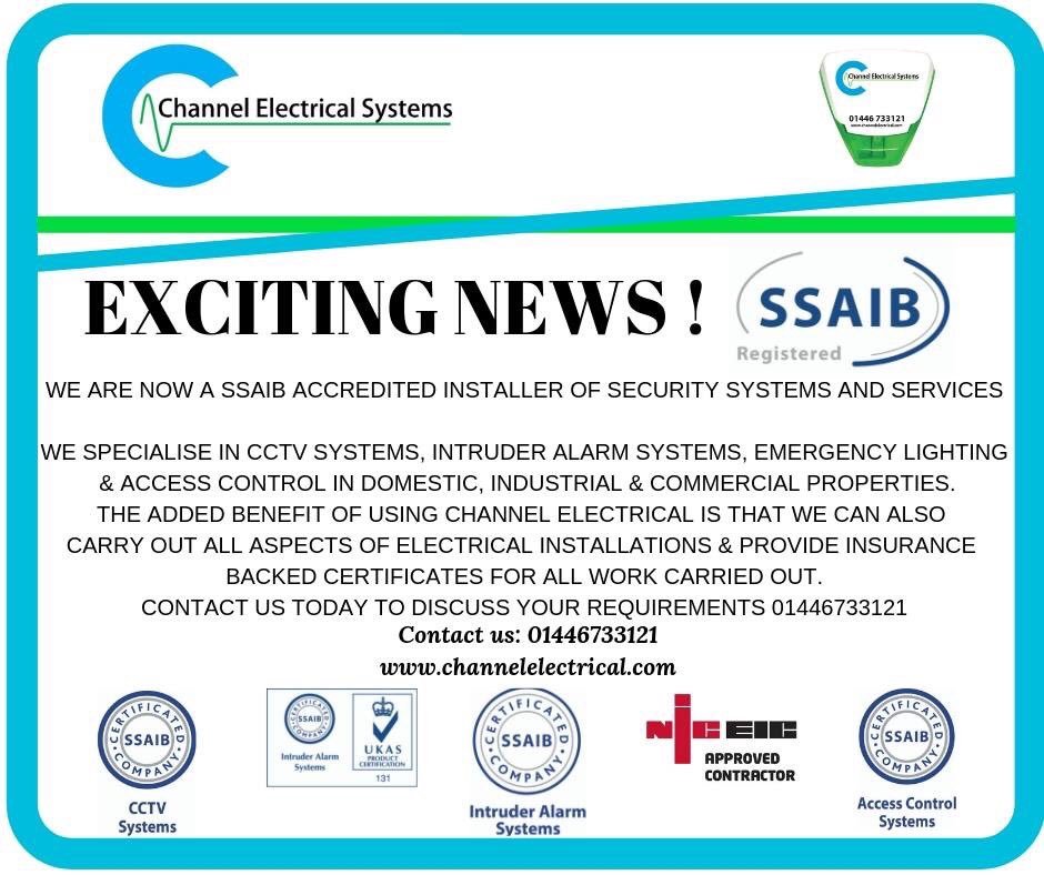 channel_elec's tweet photo. We @channel_elec strive towards continuous improvement and multi disciplined projects. Very pleased to become SSAIB accredited. NICEIC APPROVED✅ 
SSAIB ACCREDITATION ✅
ELECTRICAL INSTALLATION ✅
CCTV✅
INTRUDER ALARMS✅
ACCESS CONTROL ✅
FIRE ALARMS ✅
EMERGENCY LIGHTING ✅ https://t.co/HD8lG69pWM