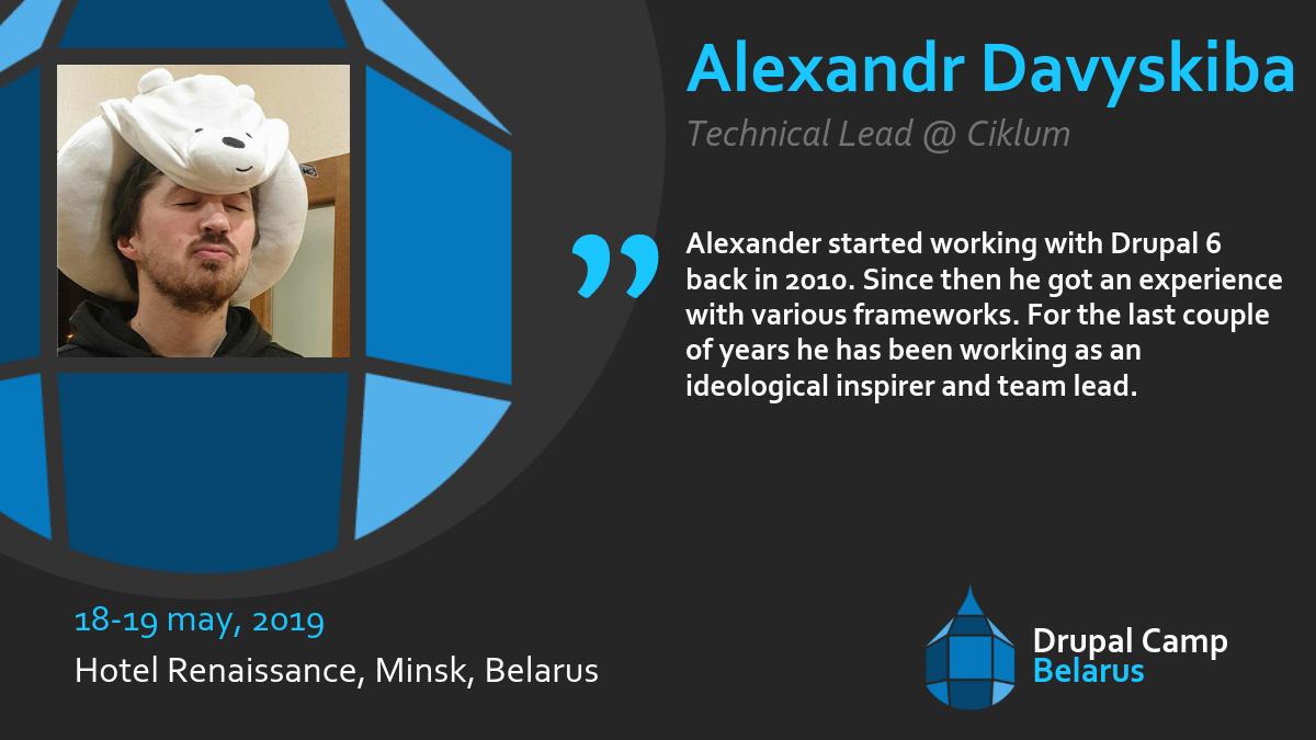 drupalbelarus's tweet image. Another day - another speaker! Happy to introduce you Alexandr Davyskiba!🥁🥁💁‍♂️

#drupal #drupalcamp #drupalcampbelarus2019 #drupaleurope #minsk #belarus