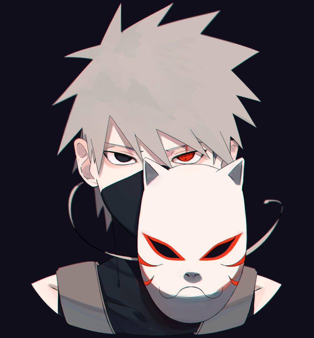 mask 1boy male focus red eyes solo looking at viewer black background  illustration images