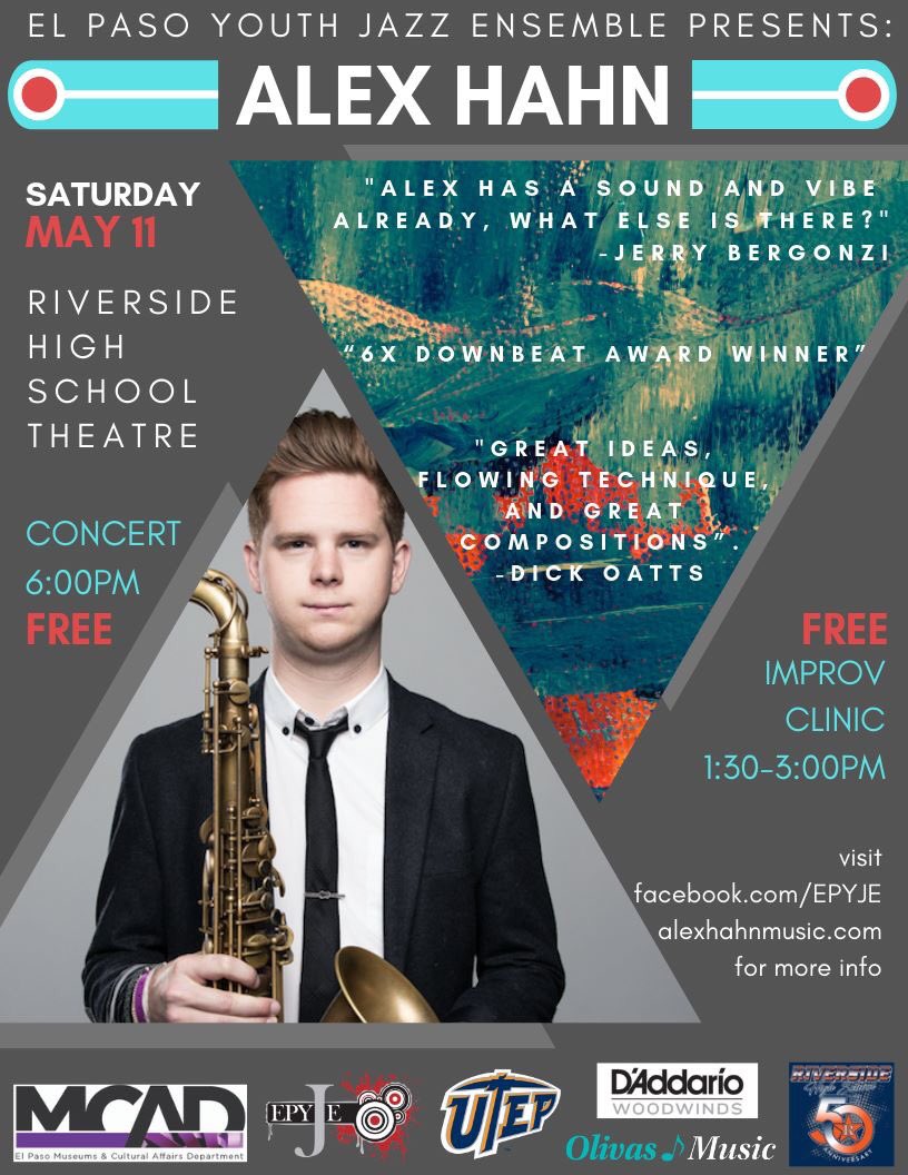 ep_jazz's tweet photo. Tomorrow! Join us at Riverside HS for a FREE Concert with EPYJE and our very special guest Alex Hahn at 6pm. There is also an improv clinic at 1:30pm. See you there! #jazz #ElPaso #epyje https://t.co/9drBh1P1YJ