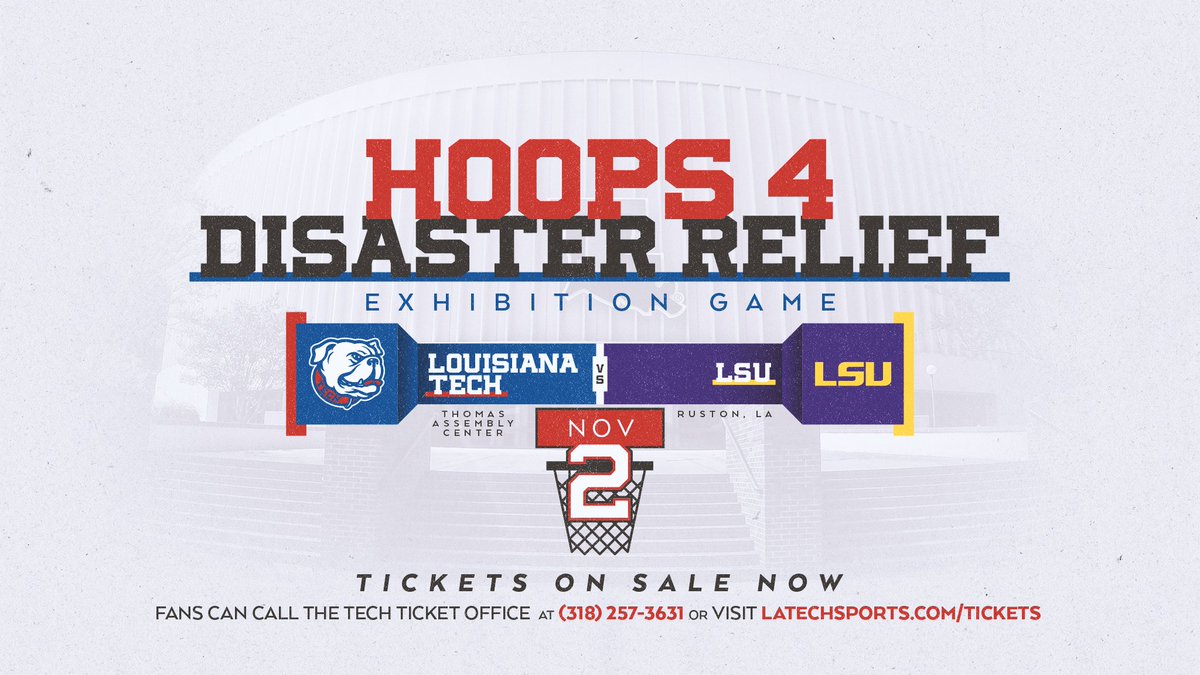 LATechHoops's tweet photo. 🚨 BREAKING 🚨

LA Tech Set to Host LSU in Hoops 4 Disaster Relief Exhibition on Nov. 2 

🐶🆚🐅

🔗 https://t.co/XQAXvyS9ws https://t.co/DGTqocFKdr