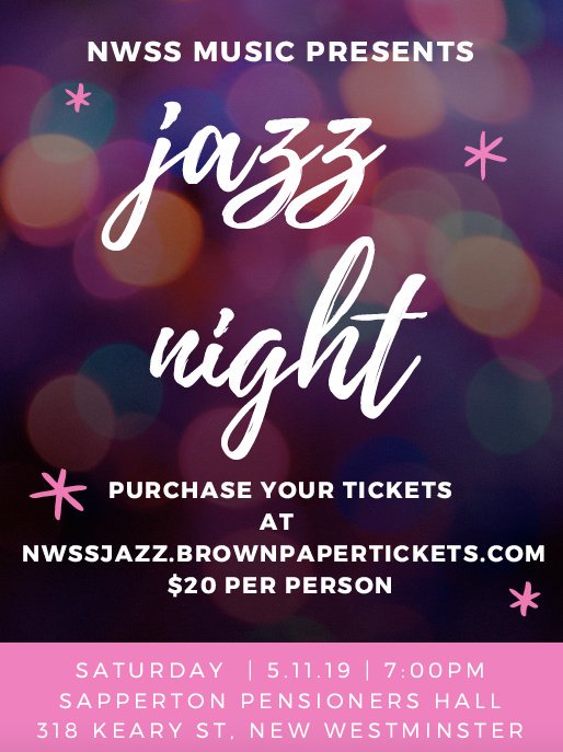Please join us Saturday evening for a lovely evening of jazz music, I promise you will love it! nwssjazz.brownpapertickets.com $20 plus $2 in fees when you buy online - tickets at the door the price goes up to $25! Kid friendly event! Cash bar/treats, raffle and 50/50!