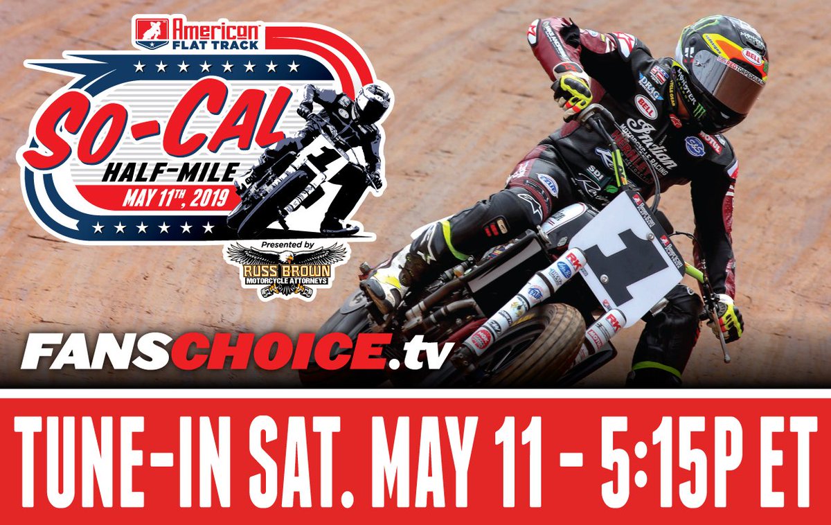 CycleGear's tweet photo. .@AmericanFlatTrk continues its bar-bangin’ race action TODAY with the #SoCalHM presented by Russ Brown Motorcycle Attorneys LIVE from Perris, CA. Tune into @FansChoiceTV to watch the world’s fastest flat track motorcycle racers go head-to-head in a quest for the championship! https://t.co/2otHkF0E42