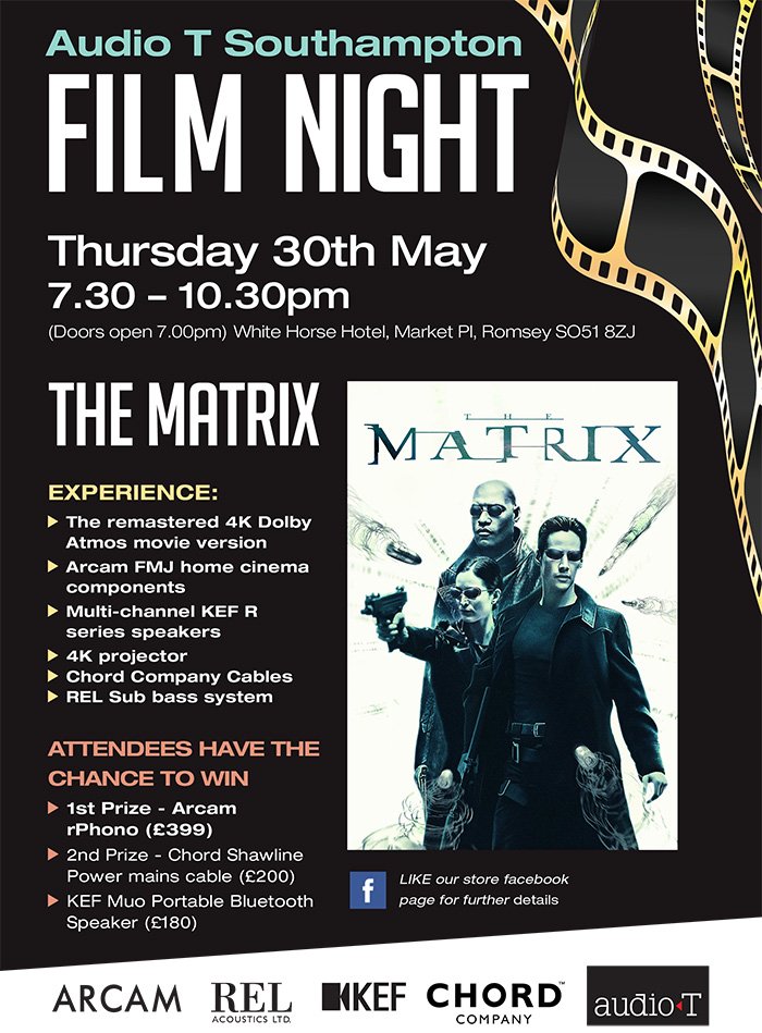 Audio T Southampton are holding another Film Night on Thursday 30th May at 7pm <a href="/WHRomsey/">White Horse Romsey</a> featuring The Matrix in 4K UHD. A fantastic home cinema system will be used and attendees have the chance to win nearly �700 worth of prizes! conta.cc/2GuZIMU