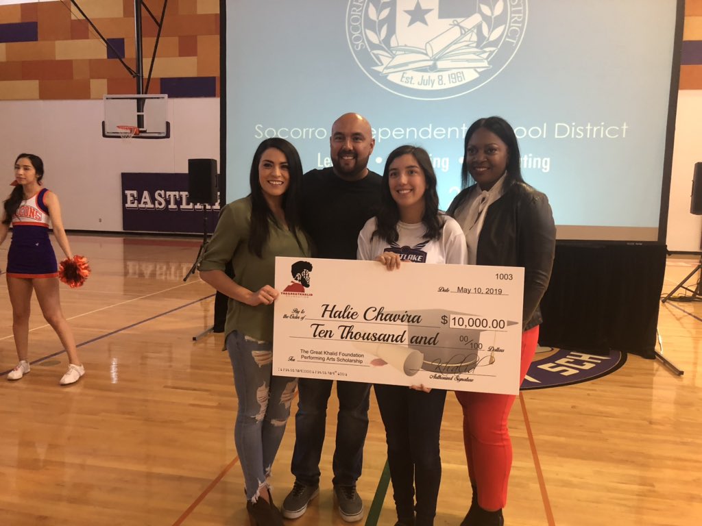 EastlakeStuCo's tweet photo. CONGRATULATIONS to Halie Chavira on being a recipient of a scholarship from the Great Khalid Foundation! Halie is an awesome musician, athlete, Student Government Officer, and person! Thank you @thegreatkhalid for giving back to #TeamSISD! 💜🧡💜🧡 https://t.co/AkOd4WQFqG