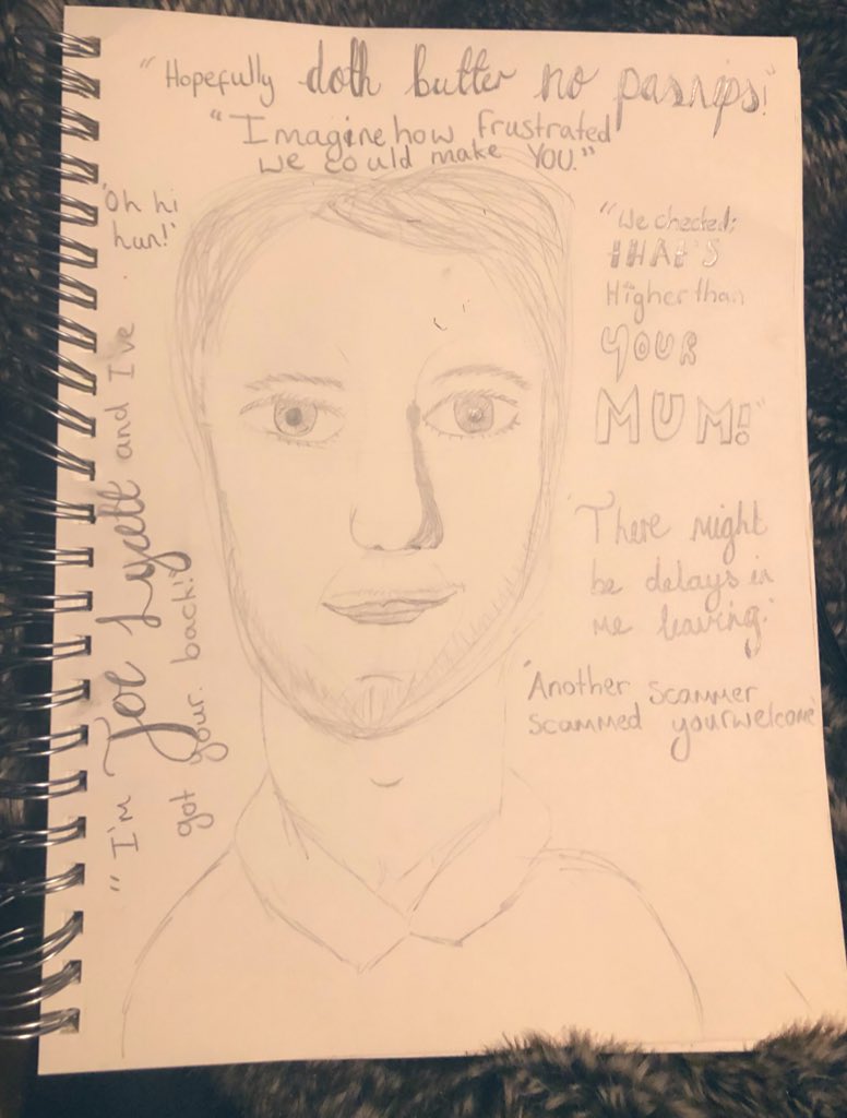 BeckyTolputt's tweet photo. @joelycett My daughter (Izzy, age 12) loves your programme and thinks your hilarious! She’s drawn you this picture! https://t.co/RZp5IEKGKH