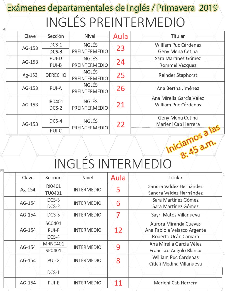 ¿Presentas examen departamental de Asignaturas Generales de Inglés este sábado 11 de mayo en el Centro De Enseñanza de Idiomas? Puedes verificar aquí el aula que corresponde a tu sección. Recuerda estar ahí a las 8:30 A.M. ¡Éxito! #UQROO2019