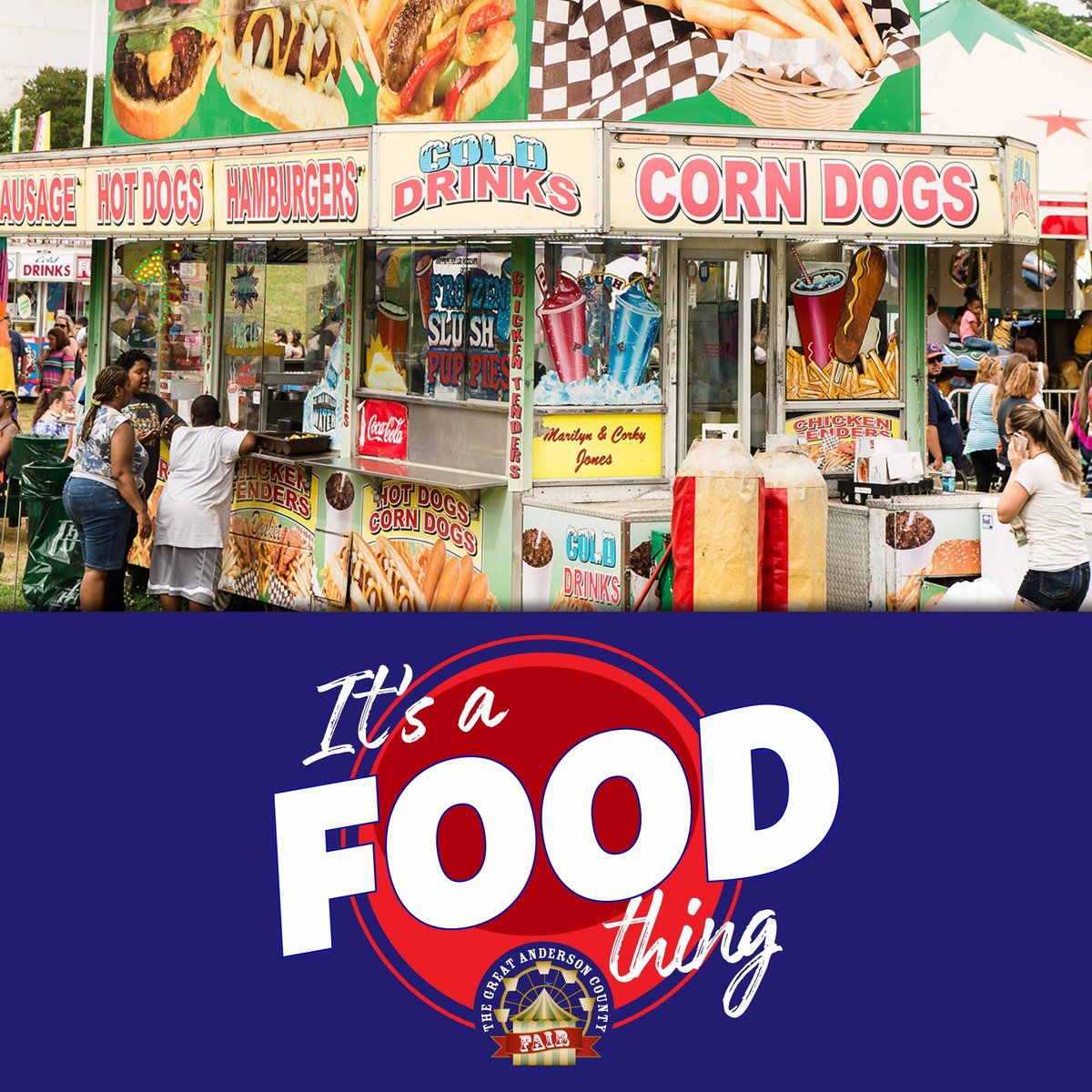 AndersonFair's tweet image. Get your favorite fair treat before its too late! Cotton candy, funnel cakes, BBQ, spiral potatoes! Great Fair food—last weekend!  #fairfood #corndogs #hotdogs #feedme