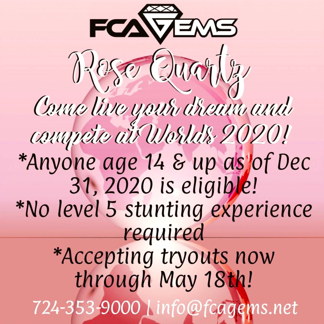 Level 3, 4, 4.2... bases, backspots, and flyers! We still have room for YOU to complete our roster! Don’t miss out, email today! #notumblingnoproblem Info@fcagems.net