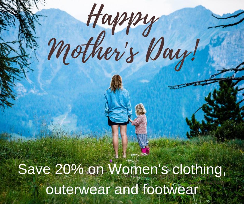 Celebrate #MothersDay2019 with 20% off on all Women's clothing, outerwear and footwear (some exceptions apply) 
#Ottawa #MothersDay #MothersDaygifts #outdoors #getoutside #wilderness #travel #wanderlust #outside #goforahike