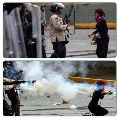 DolarToday's tweet photo. LA FOTO DE LA VERGUENZA QUE TIENE QUE RODAR POR TODO EL MUNDO...ESTAS DOS GRAFICAS SON SUFICIENTES PARA DEMOSTRAR LO COBARDE Y ASESINO DE ESTOS POLICIAS NACIONALES. La Manifestante se acercó para dialogar y cuando se voltea le disparan varias veces que la afectaron gravemente. https://t.co/TDMaA1s9ka