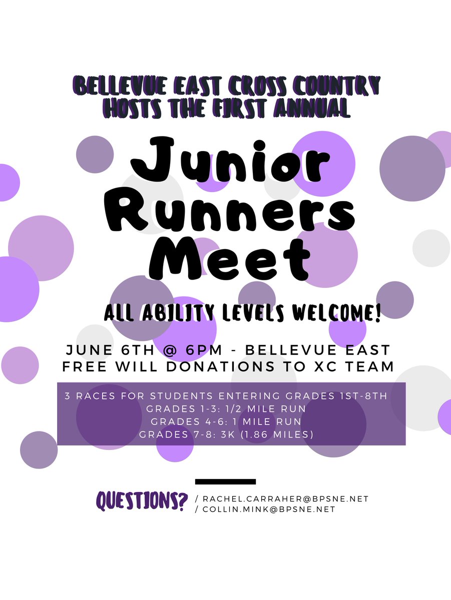 BellevueEastXC's tweet photo. Young Bellevue runners:
@BellevueEastXC will be hosting a JR Meet for elementary &amp; middle school students this summer. All levels of runners welcome!

We hope to see you there!
@ChieftainNation @missionbraves @LCScoutNation #bpsne https://t.co/TLJ8TDSdWX