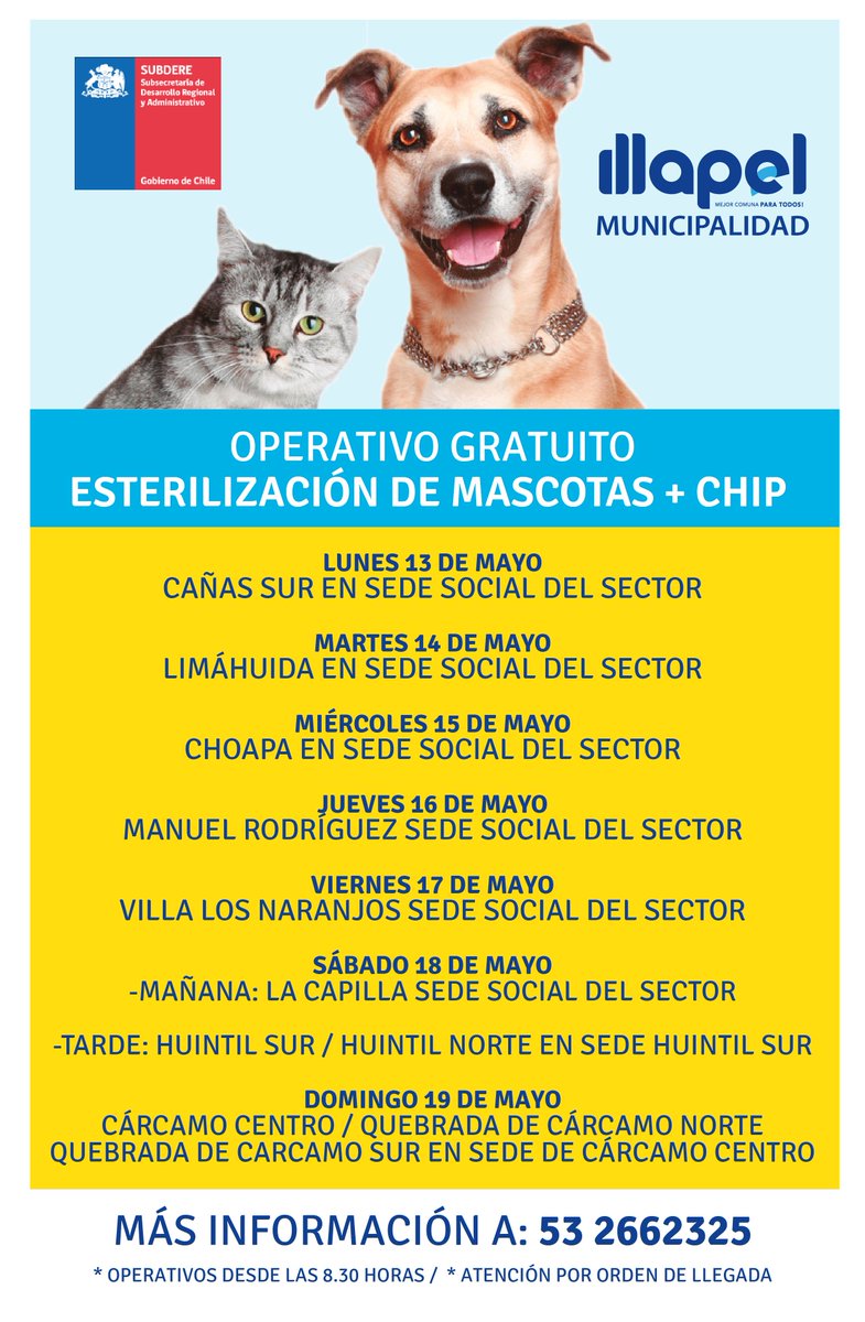MUNI_ILLAPEL's tweet photo. ESTERILIZACIÓN DE MASCOTAS + CHIP 🐱🐶
Compartimos el calendario semanal de operativos gratuitos.

Más información a: 53 2662325 https://t.co/vPD03ut8Gl