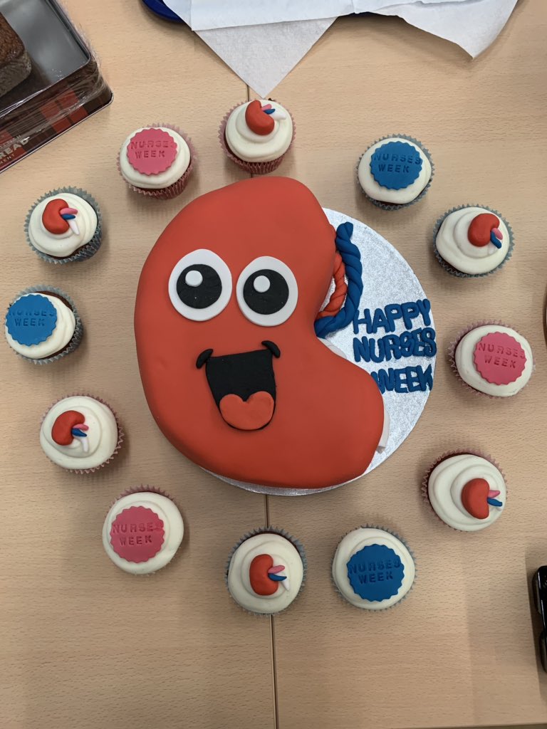 Our fabulous ‘Happy Kidney’ cake with matching cupcakes made by our amazingly talented student nurse to celebrate nurses day! It tasted just  as good as it looked too 😋 #TeamMayflower #TeamRenal #IND2019 #Happykidney #everyonelovescake @UHP_NHS @DerrifordNurses @BrockieNikki
