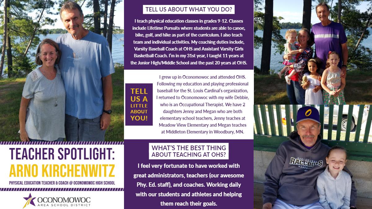oconschools's tweet photo. TEACHER APPRECIATION SPOTLIGHT! Arno Kirchenwitz, Physical Education Teacher &amp; Coach at Oconomowoc High School. Tonight, Mr. Kirchenwitz is being inducted into the OHS Athletic Hall of Fame for his commitment to OHS as a student athlete &amp; coach. #OASDStaffRock #oconpride https://t.co/KmZIsnBaTe