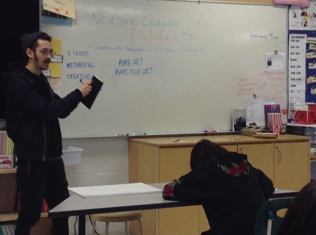 MsKClass's tweet photo. Grade 7/8 students are hearing great messages from local artist/illustrator Brayden Sato! "Make art, make YOUR art" @Exshawschool https://t.co/9hg811BgRy