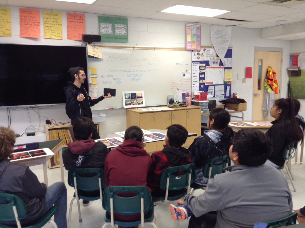 MsKClass's tweet photo. Grade 7/8 students are hearing great messages from local artist/illustrator Brayden Sato! "Make art, make YOUR art" @Exshawschool https://t.co/9hg811BgRy