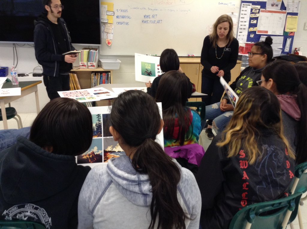 MsKClass's tweet photo. Grade 7/8 students are hearing great messages from local artist/illustrator Brayden Sato! "Make art, make YOUR art" @Exshawschool https://t.co/9hg811BgRy