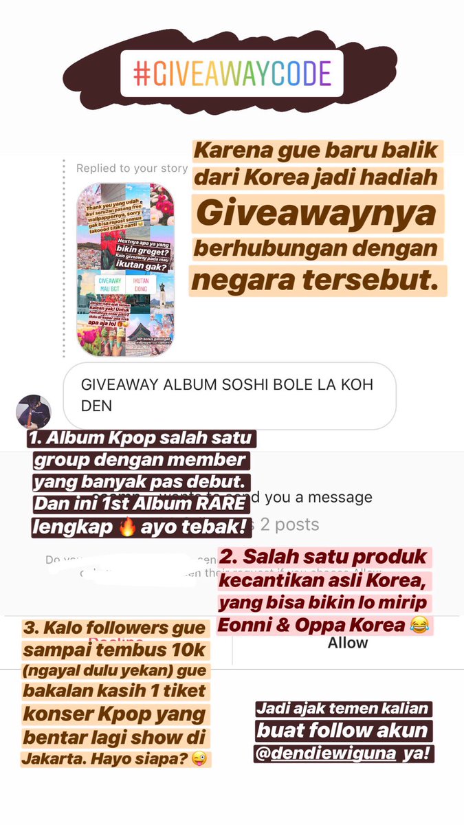 dendiewiguna's tweet photo. Call all Kpopers! Yuk ikutan Giveaway. Follow akun @dendiewiguna di Instagram ya! #giveaway #GA #GiveawayKpop #GAKpop #giveawaycode #giveawayalert #kpop #kpopers #Exo #SNSD #Suju #Blackpink #SS7s #SS7SinJakarta https://t.co/q6rc1Pwv7R