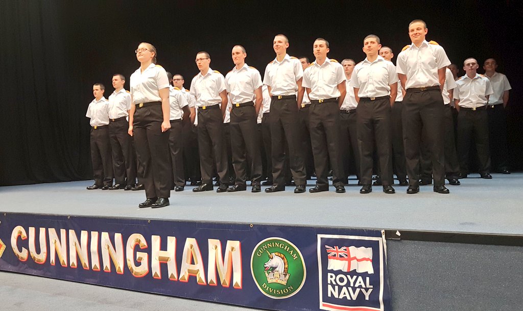 HMSSutherland's tweet photo. Our Weapon Engineer Officer (WEO) and Executive Warrant Officer (EWO) today had the privilege of attending the #Cunningham34s Passing Out Parade at @HMS_Raleigh which, the #FightingClan have sponsored throughout their Initial Military Training.
#ProudSailors
#FridayFeeling https://t.co/vHBx9iZPic