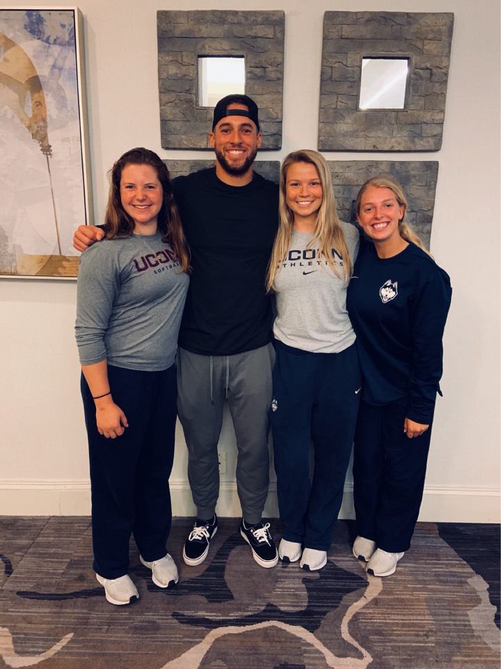 UCTVSports's tweet photo. More pictures @UConnSoftball meeting @GeorgeSpringer yesterday! 

The Huskies are waiting for tumultuous weather to pass before play resumes at the AAC Tournament in Houston! #BleedBlue https://t.co/eb6eKjm97m