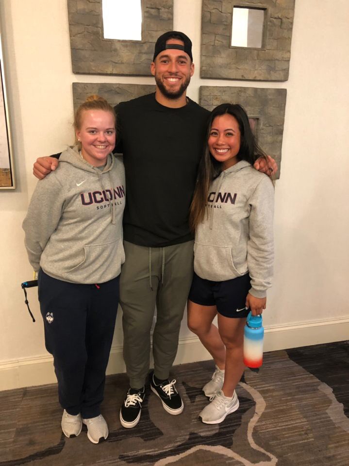 UCTVSports's tweet photo. More pictures @UConnSoftball meeting @GeorgeSpringer yesterday! 

The Huskies are waiting for tumultuous weather to pass before play resumes at the AAC Tournament in Houston! #BleedBlue https://t.co/eb6eKjm97m