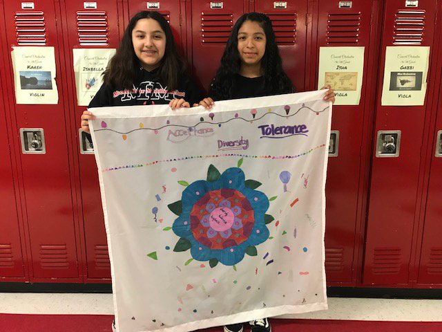 MacArtHendricks's tweet photo. 6th grade artists are finishing up their sails for The Ship of Tolerance and displaying them in the Mac hallway.  Make sure you come see their great work outside the office before @KymBrunner ships them off to be displayed on The Ship of Tolerance. #d23mac @D23MacArthur @PHSD23 https://t.co/j942RfC8jN