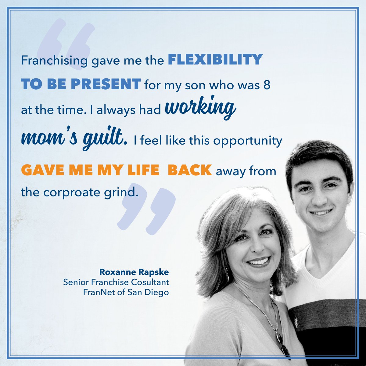 FranNetSF's tweet image. FranNet&apos;s own Roxanne Rapske kicked that working mom&apos;s guilt to the curb and got her life back through franchising!