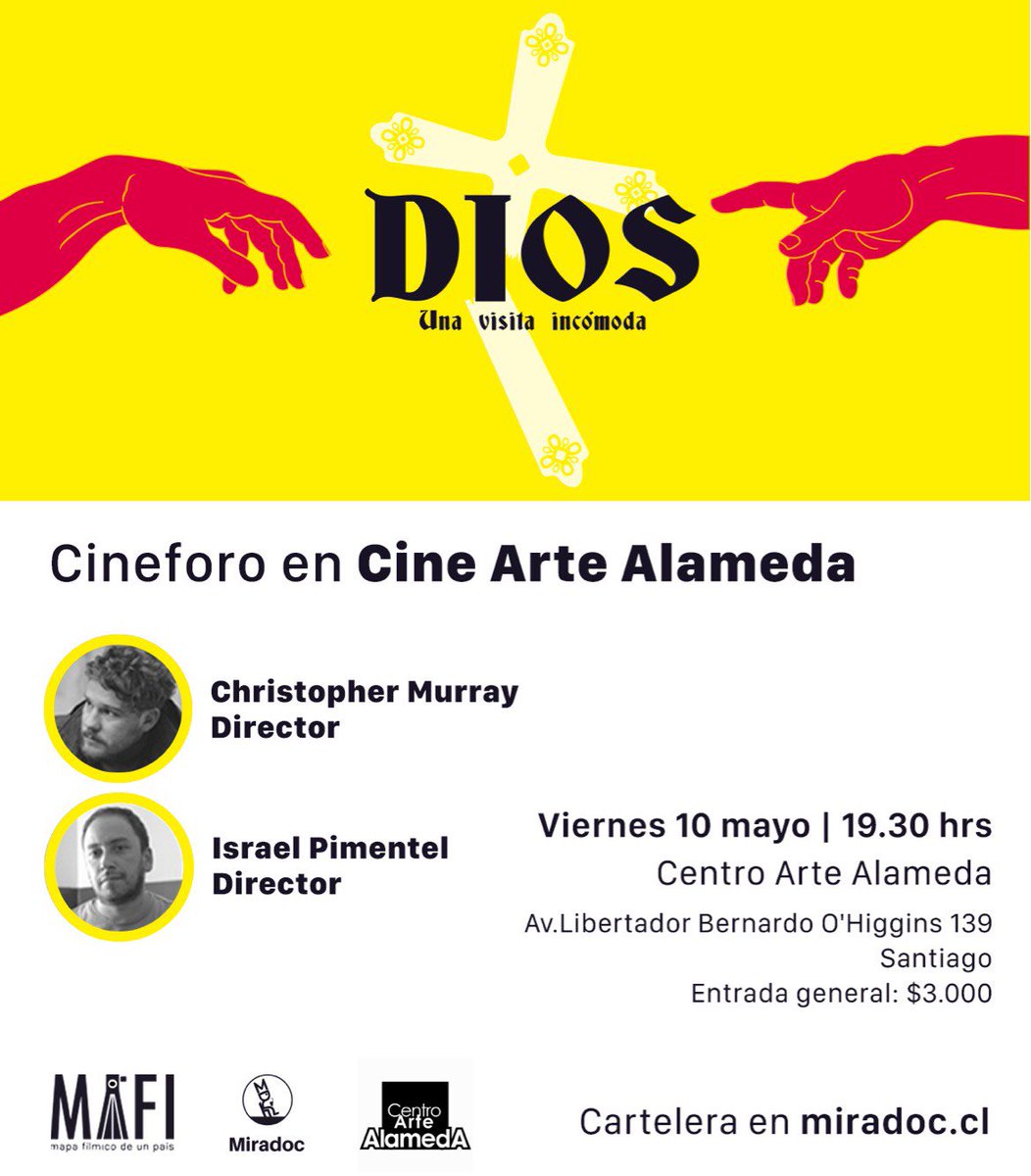 #Dios llegó a <a href="/CineArteAlameda/">Centro Arte Alameda</a>!!!! 😱 Y esta noche hará su aparición especial con en el conversatorio que preparamos junto a dos de los directores del documental <a href="/IsraelPimentelB/">Israel Pimentel</a> y <a href="/joven_murray/">Christopher Murray</a>. 19:15 HRS. / $3.000